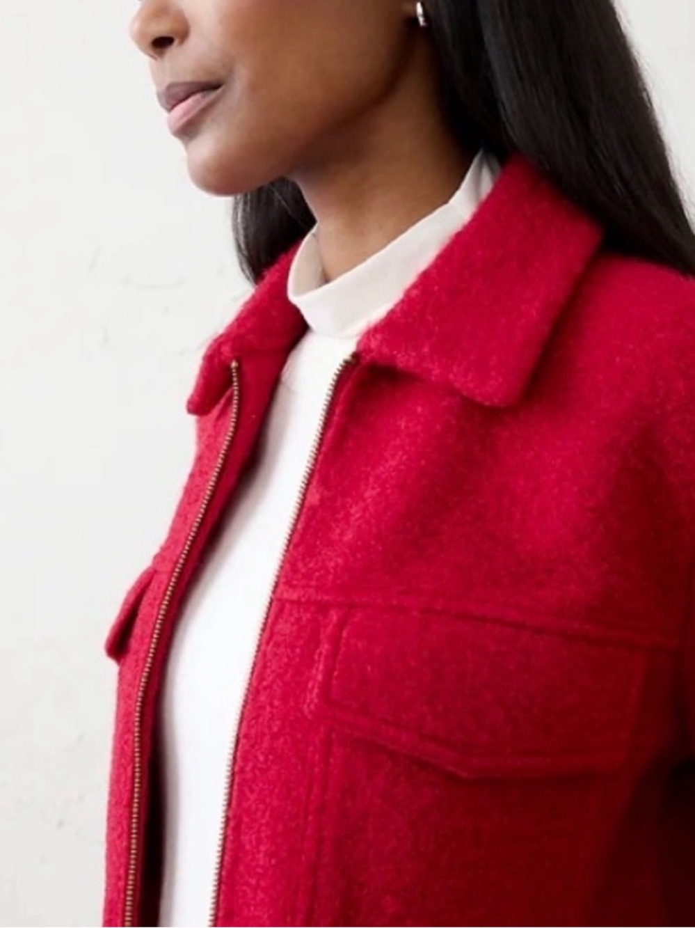 NWOT Banana Republic Women’s Red Chakra Knit Boucle Cropped Zip Jacket - Picture 3 of 5